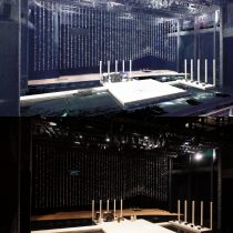SPAC劇場内に設営された能舞台（上：3 D計測・下：設営後）
